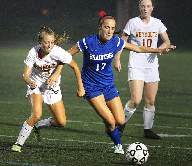 Weymouth's Jocelyn Morris and Braintree's Kathryn Martin fight for ball control as Weymouth hosts Braintree in high school girls soccer on Tuesday, Oct. 2, 2018. [Wicked Local Photo/Gary Higgins]