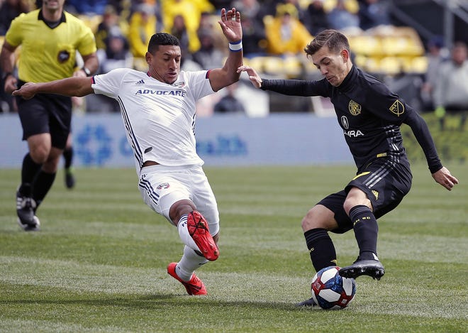 The Crew's Pedro Santos, right, has recorded two assists in the past two games. [Kyle Robertson]