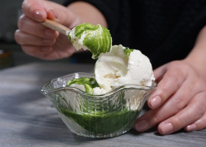 Michelle’s Matcha Affogato riffs on a traditional affogato by replacing espresso with matcha powder. [The Providence Journal photos / Sandor Bodo]