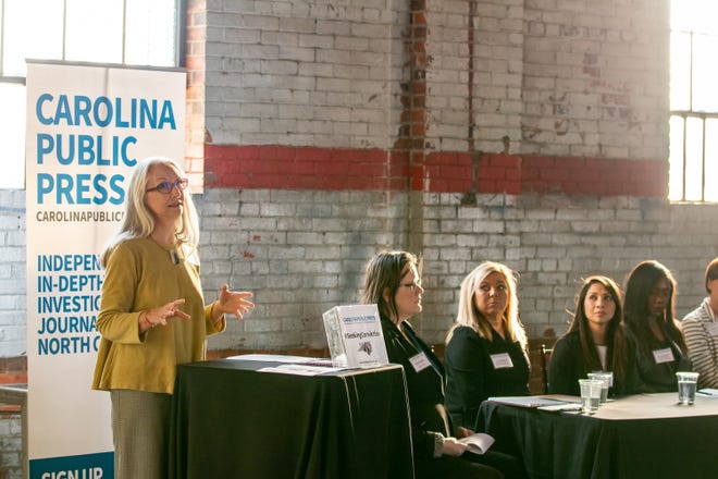 Victoria Loe Hicks with Carolina Public Press speaks at the Unbalanced Justice forum focused on sexual assault in North Carolina on Tuesday, March 19, 2019. [Raul F. Rubiera/The Fayetteville Observer]