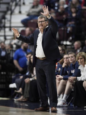 Connecticut head coach Geno Auriemma gestures to his team during the first half of an NCAA college basketball game in the American Athletic Conference tournament quarterfinals against East Carolina, Saturday, March 9, 2019, at Mohegan Sun Arena in Uncasville, Conn. [AP Photo/Jessica Hill]