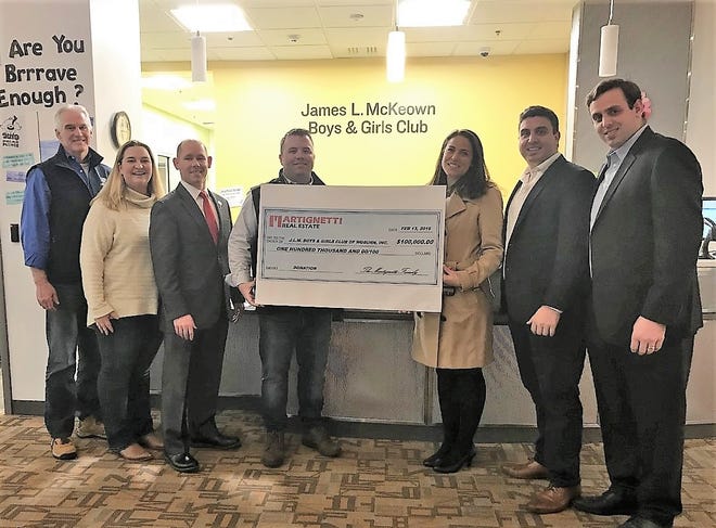 Pictured, from left: Boys & Girls Club Director Michael Donaghey and Executive Director Julie Gage, state Rep. Richard Haggerty, and Club President Matthew Donaghey accept a check from Anita Sassi, Mark Martignetti and John Paul Martignetti of Martignetti Real Estate. [Courtesy Photo]