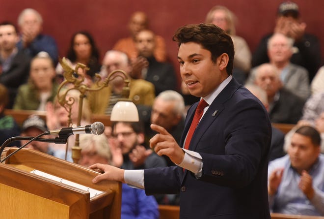 "Fall River is Strong, and getting stronger." is Mayor Jasiel Correia's parting shot in his State of the City address, Tuesday, March 19, 2019, in Fall River, Massachusetts. [Herald News Photo | Jack Foley]