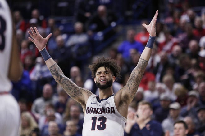 Gonzaga guard Josh Perkins (13) reacts after a teammate is called for a foul during the second half a February contest against Pepperdine. [YOUNG KWAK/THE ASSOCIATED PRESS]