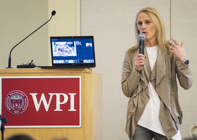 Former Olympic and World Cup soccer player Kristine Lilly speaks with student-athletes at WPI on Wednesday. [T&G Staff/Ashley Green]