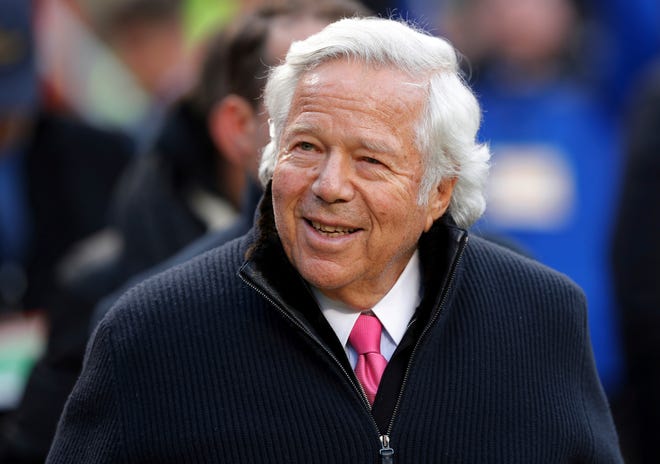 FILE - In this Jan. 20, 2019, file photo, New England Patriots owner Robert Kraft walks on the field before the AFC Championship NFL football game in Kansas City, Mo. Florida prosecutors have offered a plea deal to Kraft and other men charged with paying for illicit sex at a massage parlor. The Palm Beach State Attorney confirmed Tuesday, March 19, 2019, it has offered Kraft and 24 other men charged with soliciting prostitution the standard diversion program offered to first-time offenders. (AP Photo/Charlie Neibergall, File)