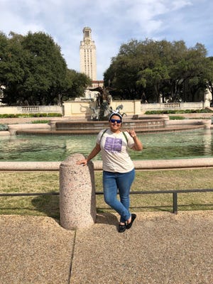 Rita Olivares Cervantes poses at the University of Texas after finding out she made the Dean's List in February. [Contributed photo]