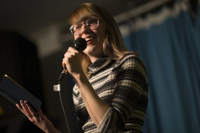 Comic Rachel Trenaman performs during her five-minute segment at Wild Goose Creative. [Brooke LaValley/Dispatch]