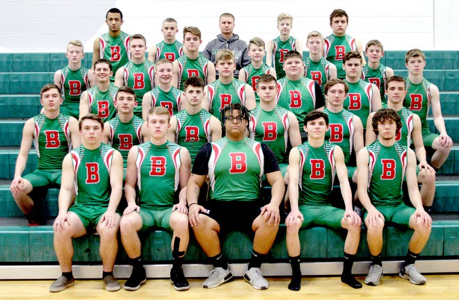 Barnesville High's 2019 boys track team. Front row, l to r, Draven Persons, Remmy Boyd, Isaiah White, Kyle Keiser and Brandon Bunfill; second row, Isaac Thompson, A.J. Detling, Gage Hannahs, Trey Warner, Owen Oliver and Trey Ciroli; third row, Ryan Crum, Jett Stephen, Tal Johnson, Kyi Toohey, Ethan Spangerburg and Brad Hall; fourth row, Griffen Stephen, Conner Jones, Owyn Wise, Brandyn Dougherty, Jonathan Carpenter and Tyler Jenkins; back row, Orion Smith, Caiden Thornton, head coach Dylan Rogers, Jacob Webb and Avery Clouse.