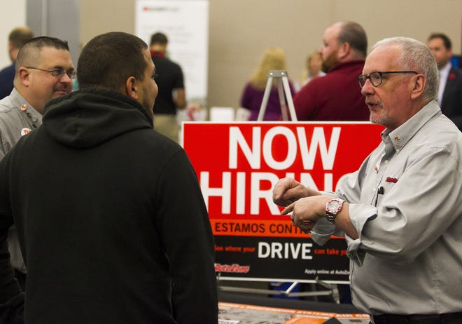 Marion County's unemployment rate for February was 4.2 percent, down from 4.6 percent during the same time last year. The number of people working this February was 131,017, up from 128,882 working last February, according to a state report. There also were more people looking for work, as the labor force increased to 136,767, compared to 135,108 a year ago. [Doug Engle Ocala-Star-Banner/file]