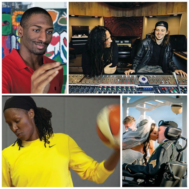 Clockwise from top left, Naieer, one of the young adults profiled in the "Intelligent Lives." Munky, KORN guitarist, and Brendan Mendenhall, a guitarist and songwriter with cerebral palsy, in the film "Mind Over Matter." A scene from "American Veteran." Basketball player Chamique Holdsclaw in "Mind/Game," about her struggle with mental illness as a star athlete.

Photos from ReelAbilities Film Festival.
