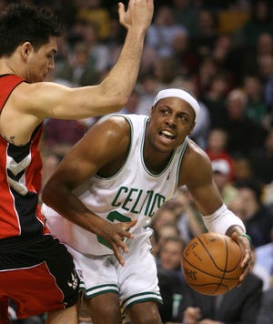 Paul Pierce, seen here in a 2008 game against the Toronto Raptors, will be the guest speaker at the All-State Rhode Island High School Sports Awards banquet on June 19 at the Rhode Island Convention Center. [The Providence Journal, file / Kris Craig]