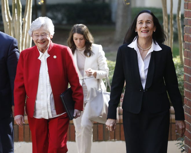 Governor Kay Ivey walks with Cathy Randall as they come to Alston Hall for the Catherine J. Randall award presentation which is given to the top academic senior at the University of Alabama Friday, March 22, 2019. This year's winner is Donna Xia, a senior in chemical engineering. [Staff Photo/Gary Cosby Jr.]