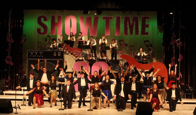 The cast of Showtime 39 rehearse their opening number during rehearsal Wednesday, March 20, 2019, in the Jeannette Lloyd Theatre at Freeport Middle School in Freeport. [JANE LETHLEAN/THE JOURNAL-STANDARD CORRESPONDENT]