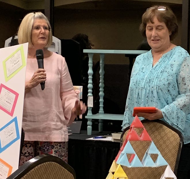 Rita Feller Mathews and Kelly Shows from Ocali Charter Middle School discuss their Project Inspire Me grant-funded program, made possible by a grant from Altrusa International Ocala. [Photo courtesy Altrusa International Ocala]