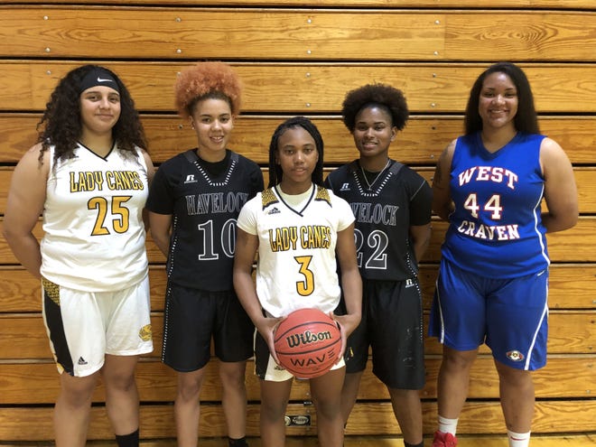 The 2018-19 Sun Journal All-Area Girls Basketball Team is (left to right) Mirachell Maher (Pamlico County), Aniylah Bryant (Havelock), Jainaya Jones (Pamlico County), NyAsia Blango (Havelock) and Deslyn Abrams (West Craven). [JORDAN HONEYCUTT / SUN JOURNAL STAFF]