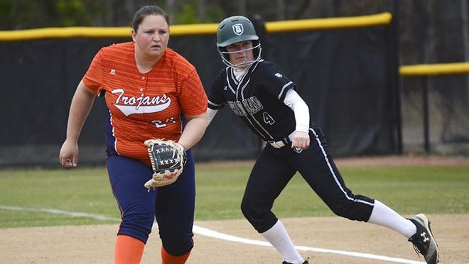 A member of the Richard Bland College of William & Mary softball team readies to leave base, while being closely watched by a member of the Virginia State University softball team on Wednesday, March 20. Richard Bland College won the home game 9-5. [Contributed Photo/Richard Bland College]