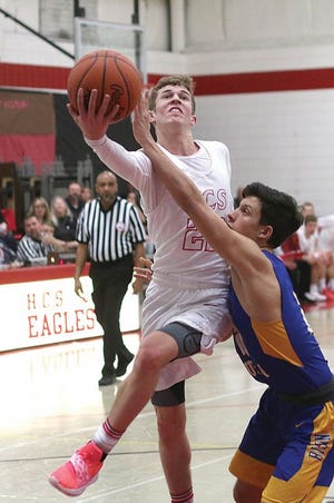 Howardsville Christian senior Dylan Jergens is pictured scoring a pair in a earlier season game. Jergens was named the Associated Press Div. 4 boys Player of the Year.