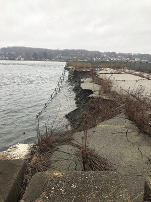 Parts of the Stone Bridge abutment in Portsmouth fell into the Sakonnet River recently, probably because of erosion. [TOWN OF PORTSMOUTH PHOTO]
