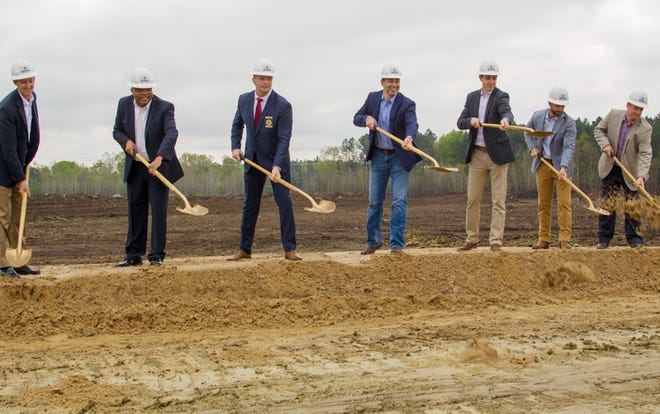 Ground was broken Tuesday for the Georgia International Trade Center in Effingham County. Digging were the development team of Chesterfield, Stonemont Financial Group and Savannah-based commercial real estate firm Cushman & Wakefield/Gilbert & Ezelle, local leaders, and Stacy Watson with Georgia Ports Authority. [DeAnn Komanecky/savannahnow.com]