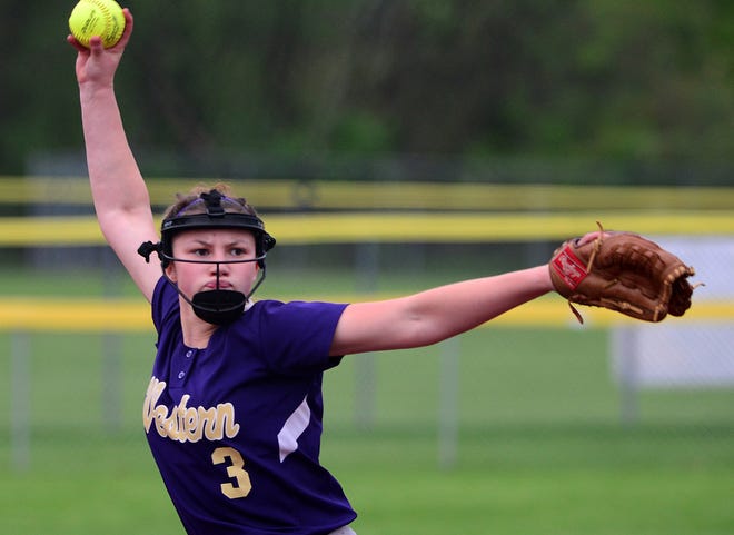 Western Beaver pitcher Brooke McCanna delivers a pitch during the Golden Beavers' first-round WPIAL Class A playoff game against St. Joseph last season. [Lucy Schaly/BCT file]
