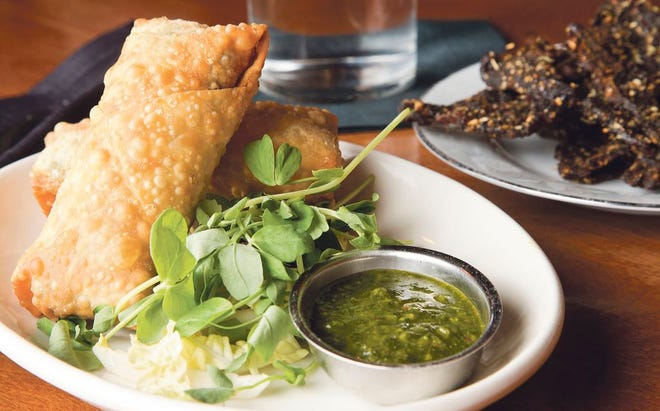 Beef jerky and samosa spring rolls