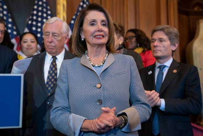 Speaker of the House Nancy Pelosi, D-Calif., attends an event to announce legislation to lower health care costs and protect people with pre-existing medical conditions, at the Capitol in Washington, Tuesday, March 26, 2019. The Democratic action comes after the Trump administration told a federal appeals court that the entire Affordable Care Act, known as "Obamacare," should be struck down as unconstitutional. (AP Photo/J. Scott Applewhite)