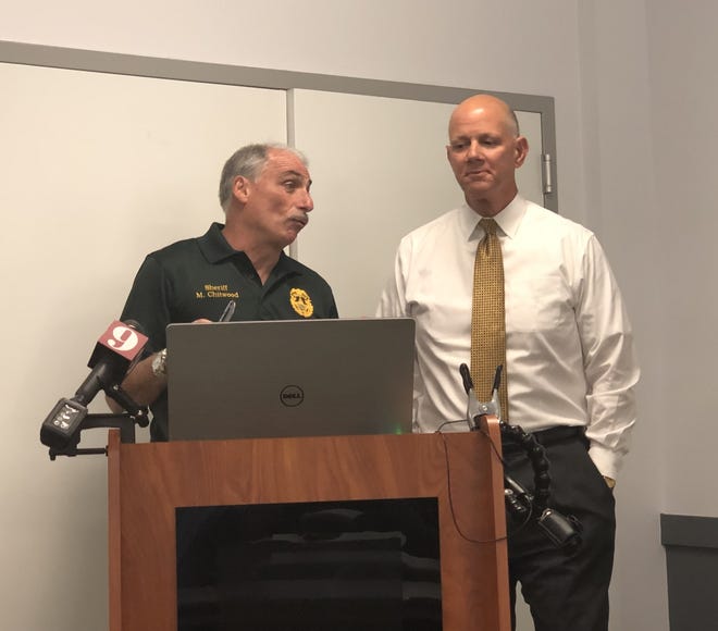 Volusia County Sheriff Mike Chitwood (left) talks to Pinellas County Sheriff Bob Gualtieri moments before the latter, who heads the commission investigating the February 2018 school massacre in Parkland, gives a presentation Friday morning to Volusia and Flagler county law enforcement officers. [Tony Holt/News-Journal]