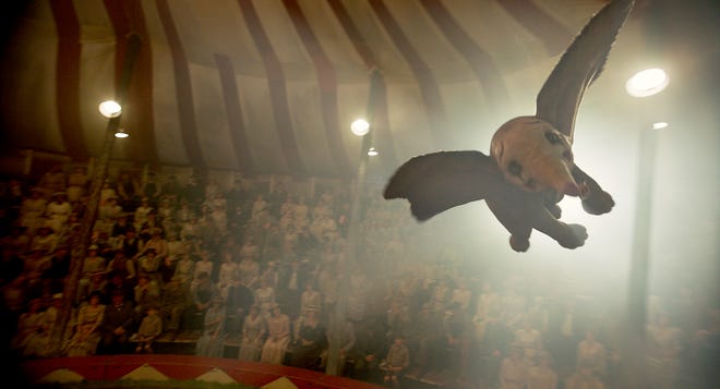 A newborn elephant with giant ears discovers he can fly in this live-action and CGI remake of the 1941 Disney classic "Dumbo." [Walt Disney Pictures]