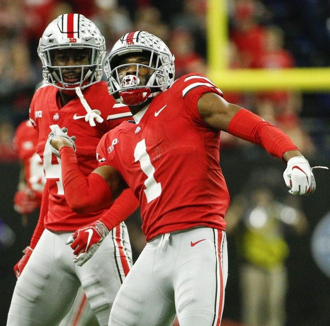 Cornerback Jeffrey Okudah (1) said the defense will benefit from working on zone coverage in the spring. Last season, the Buckeyes didn't drill on the zone until after the season started, he said. [Joshua A. Bickel]
