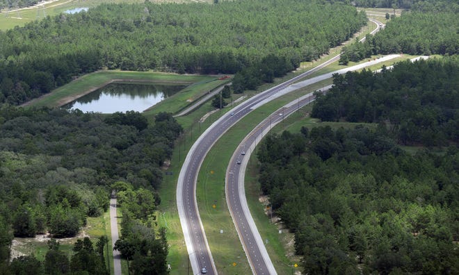Part of the Henando County end of the Suncoast Parkway can be seen in this aerial photo captured in 2012. A northern extension of the Suncoast Parkway from Citrus to Jefferson counties is one of three major toll highways that could be created in mostly rural areas of Florida under legislation approved by a House panel Thursday and also moving in the Senate. [Jim Reed/Tampa Bay Times/File]