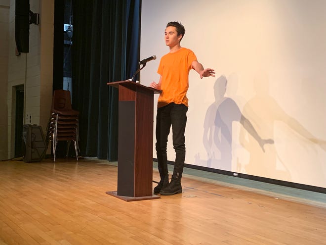 David Hogg, who survived the mass shooting at Marjory Stoneman Douglas High School in Parkland, Florida, on Feb. 14, 2018, spoke at Oak Hill Middle School on Thursday. He discussed gun violence, mental health and how to become an activist as part of the school’s Generation Citizen civics engagement project for eighth-graders. [Wicked Local staff photo/Julie M. Cohen]