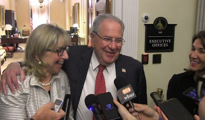 Senate President Karen Spilka and House Speaker Robert DeLeo jumped on an opportunity this week to preserve funding for family planning clinics. DeLeo told reporters Monday that the president's actions were "outrageous." His Senate counterpart prompted laughter by clarifying that DeLeo referred to President Trump, not President Spilka. [Photo: Sam Doran/SHNS]