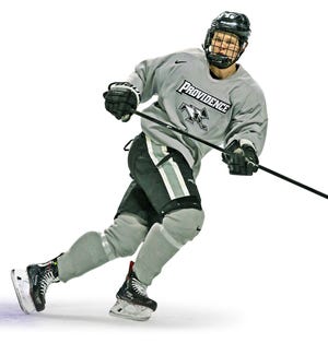 Providence College's Kasper Bjorkqvist practices for the NCAA Hockey Regionals in Providence on Friday. PC faces Minnesota State on Saturday at 1, and Cornell will take on Northeastern at 4:30. The winners face each other on Sunday for the right to play in the Frozen Four tournament in Buffalo. [The Providence Journal / Steve Szydlowski]