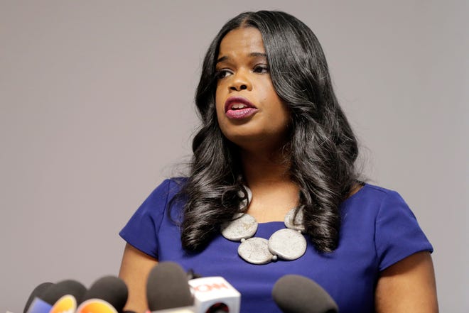 FILE - In this Feb. 22, 2019 file photo, Cook County State's Attorney Kim Foxx speaks at a news conference in Chicago. Foxx on Wednesday, March 27, 2019, defended the decision by her staff to drop charges that "Empire" actor Jussie Smollett staged a racist, anti-gay attack in January. Foxx recused herself before Smollett was charged last month because she had discussed the case with a Smollett family member. (AP Photo/Kiichiro Sato, File)