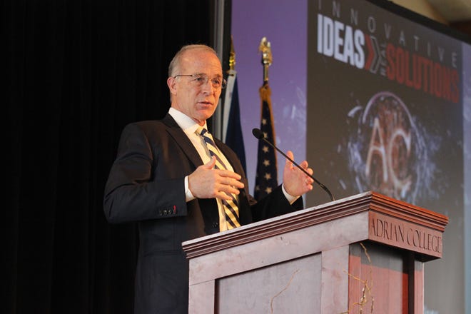 Adrian College President Jeffrey Docking delivers the annual State of the College address Friday about “Innovative Ideas — Real Solutions.”