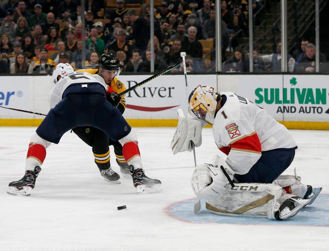 Florida Panthers goaltender Roberto Luongo (1) makes a save as defenseman Aaron Ekblad (5) blocks Boston Bruins left wing Brad Marchand (63) from the puck during the second period of an NHL hockey game, Saturday, March 30, 2019, in Boston. (AP Photo/Mary Schwalm)