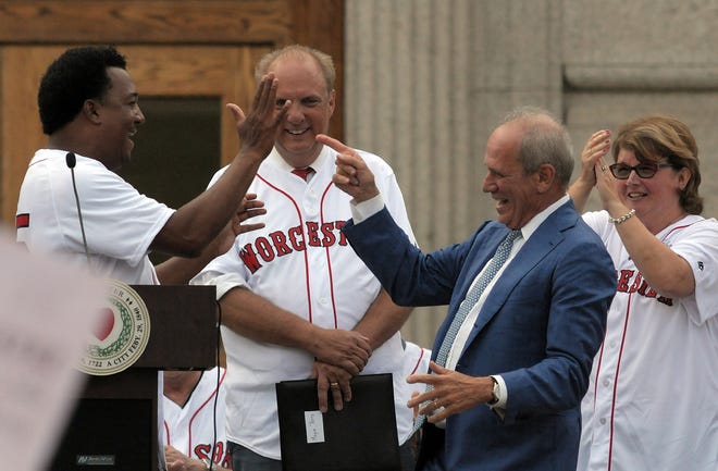 Pedro Martinez, Mayor Joe Petty, Larry Lucchino, and City Councilor Candy Mero-Carlson, left to right, on stage during the celebration on the Worcester Common on Sept. 17, 2018. [T&G Staff/Rick Cinclair]