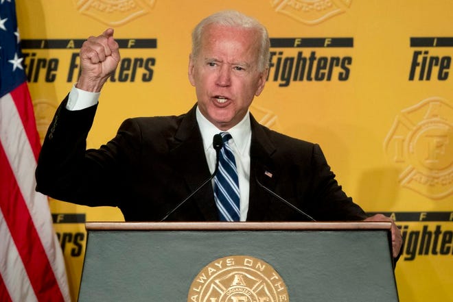 Former Vice President Joe Biden speaks last month to the International Association of Firefighters at the Hyatt Regency on Capitol Hill in Washington. Biden said he does not recall kissing a Nevada political candidate on the back of her head in 2014. The allegation was made in a New York Magazine article written by Lucy Flores, a former Nevada state representative and the 2014 Democratic nominee for Nevada lieutenant governor. Flores says Biden’s behavior “made me feel uneasy, gross, and confused.”