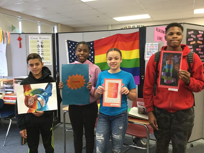 Chenery METCO students who will be participating in the METCO Art Show, March 28 through April 11 at the Grove Hall Library in Dorchester, left to right,, AJ Sweet, seventh grade, Maima Diakhate, eighth grade, Chrystabella Rudder, seventh grade and Quadier Davis-Price, eighth grade. [WICKED LOCAL PHOTO/JOANNA TZOUVELIS]