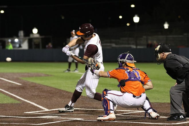 Virginia Tech junior Kerry Carpenter takes a swing during Saturday's game against Clemson. Carpenter, a former Eustis High School standout, is hitting .315 with with seven homers and 30 RBIs for the Hokies this season. [COURTESY / VIRGINIA TECH ATHLETICS]