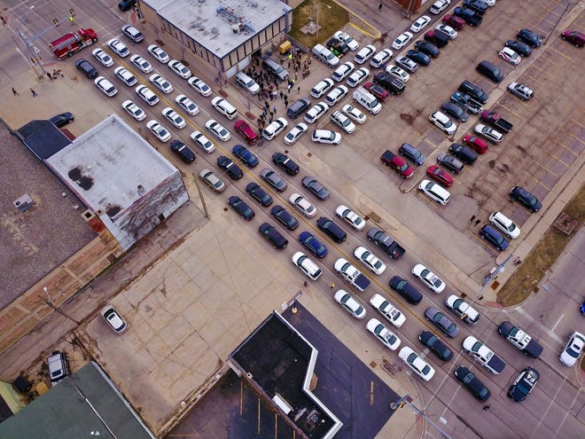 An aerial photo shows a procession of law enforcement vehicles escorting the body of Illinois State Police trooper Brooke Jones-Story on Thursday, March 28, 2019, at the Stephenson County Coroner's Office in Freeport. Jones-Story was struck and killed while conducting a traffic stop on U.S. Highway 20 in Freeport. [PHOTO PROVIDED BY MIKE MCLAIN]