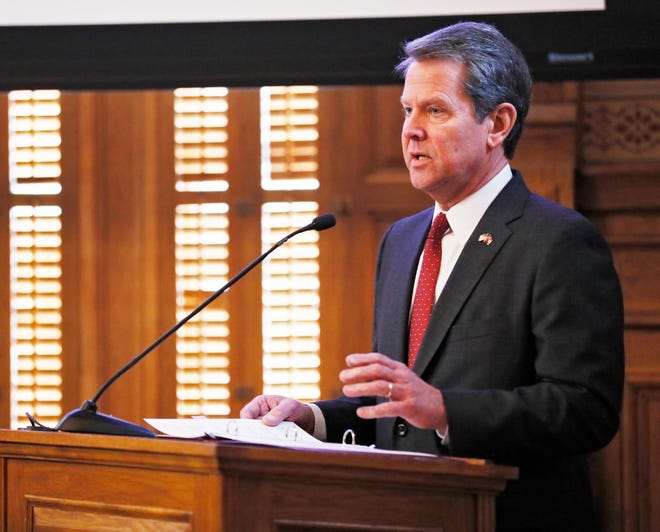 FILE - In this Jan. 23, 2019 file photo, Gov. Brian Kemp addresses the 2019 Season Joint Budget hearings in Atlanta. In letters dated Wednesday, March 6, 2019, a U.S. House committee is seeking a trove of information from Georgia’s governor and secretary of state as it investigates reports of voter registration problems and other issues reported during the state’s 2018 elections. (Bob Andres/Atlanta Journal-Constitution via AP)/Atlanta Journal-Constitution via AP)