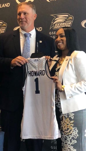Georgia Southern's new head women's basketball coach Anita Howard, right, with athletic director Tom Kleinlein at a a news conference Monday at the Statesboro campus. [TRAVIS JAUDON/SAVANNAHNOW.COM]