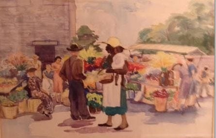 This photo shows a painting of the Curb Market at the Courthouse by Ruth Mayfield Zoellner that hangs in the home of Celeste Well's parents. [Submitted photo]