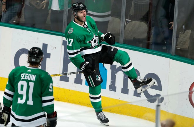 Dallas Stars' Alexander Radulov (47) reacts with teammate Tyler Seguin (91) looking on after Radulov scored a goal during the second period of the game against the Philadelphia Flyers in Dallas onTuesday. [LM OTERO / ASSOCIATED PRESS]