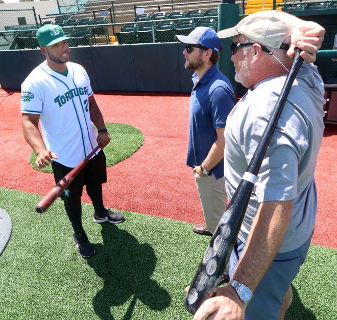 Daytona Tortugas catcher Hendrick Clementina offers some batting pointers to News-Journal sports reporters Zach Dean and Ken Willis, duing Tuesday's media day at Jackie Robinson Ballpark. [News-Journal/David Tucker]