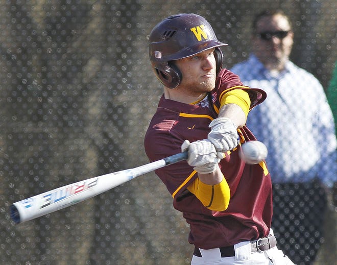 Right fielder Kyle McCrea smacks a single to right. Weymouth hosts Dedham in baseball at Libby Field on Wednesday, April 3, 2019 Greg Derr/The Patriot Ledger