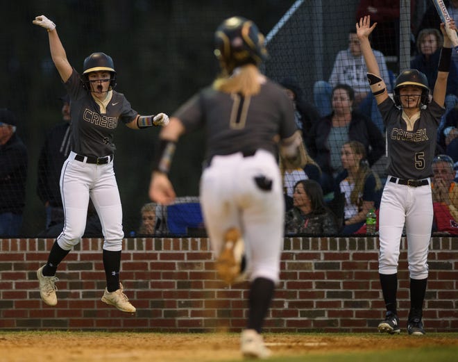 Gray's Creek's Joscelyn Richardson, left, and Courtney Cygan right, cheer on Makenzie Mason as she run's home after rounding the bases during their game against Cape Fear on April 3, 2019. [Melissa Sue Gerrits/The Fayetteville Observer]