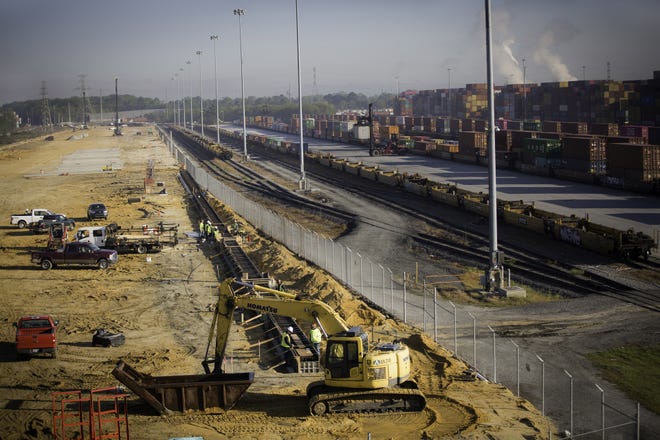 Workers lay railroad ties April 3, 2019, at Garden City Terminal as part of the Georgia Ports Authority's Mason Mega Rail project. Upon completion, the expanded infrastructure will double the Port of Savannah's rail lift capacity to one million containers per year.[Georgia Ports Authority]
